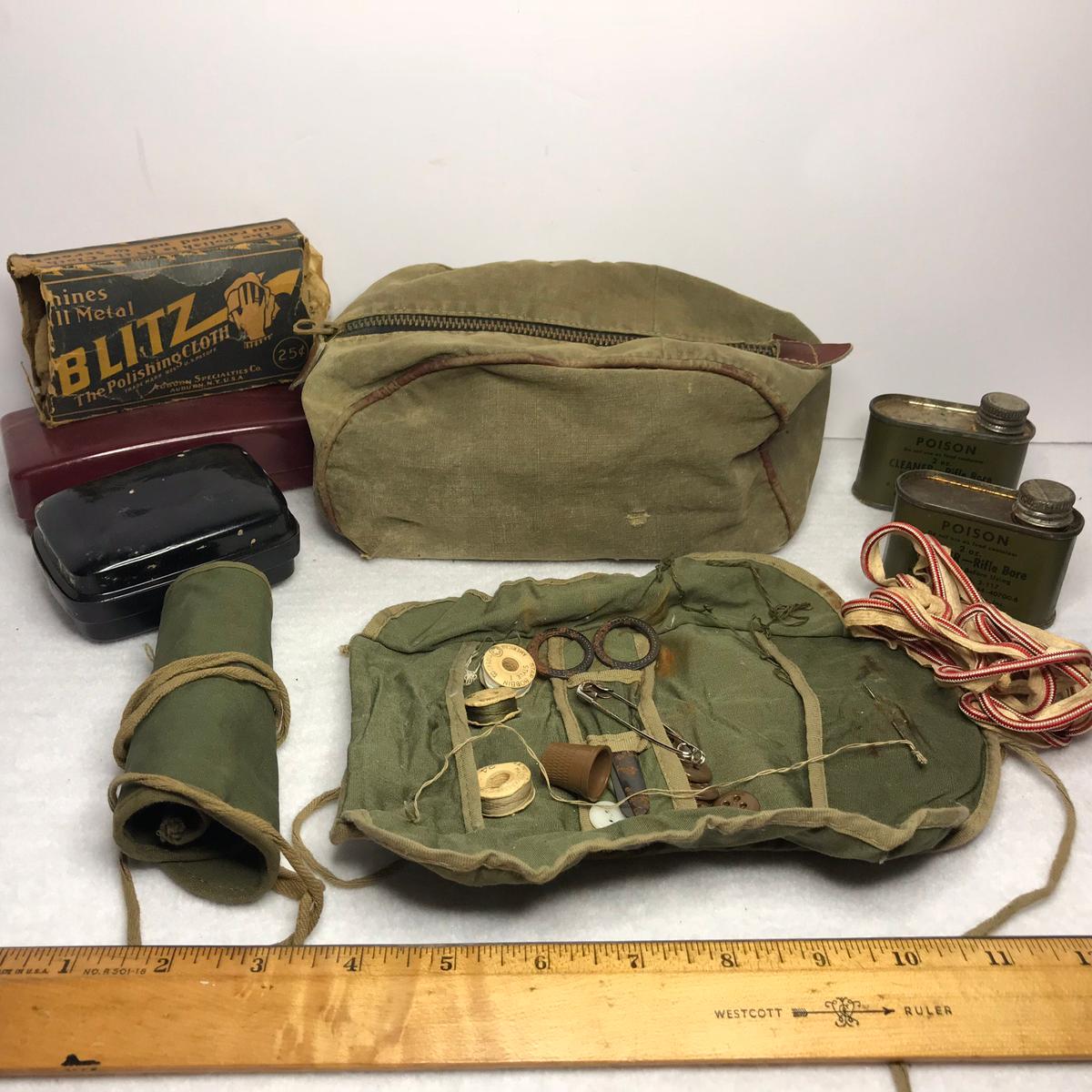 WWII Army Bag w/Sewing Kits, Toiletries & Misc Items