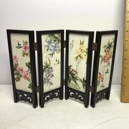 Miniature Hand Painted 4 Panel Folding Divider with Geisha Girls, Birds & Flowers