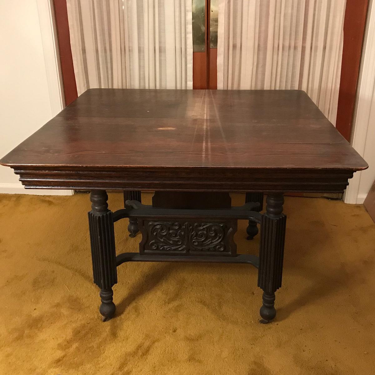 Antique Square Wooden Table w/Hand Carved Accent on Casters