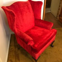 Vintage Red Upholstered Wing Back Chair w/Carved Ball & Claw Feet