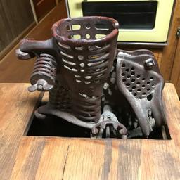 Handmade Antique Corn Shelling Table w/Built in Cutting Board and Cast Iron Sheller