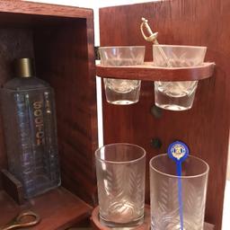 Mid-Century Modern Wooden Tabletop Bar w/Glasses & Accessories