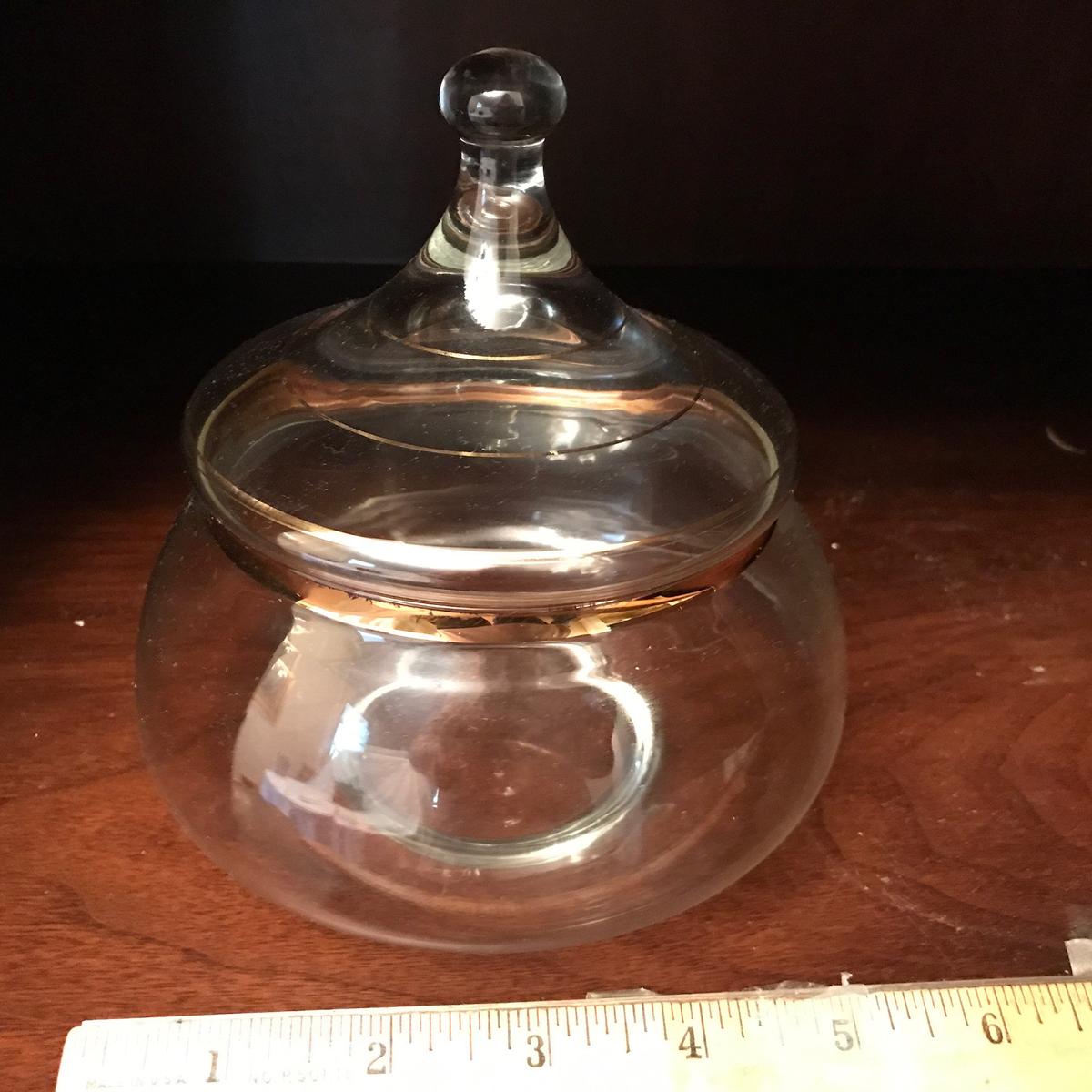 Pretty Lidded Candy Dish w/Gold Stripes