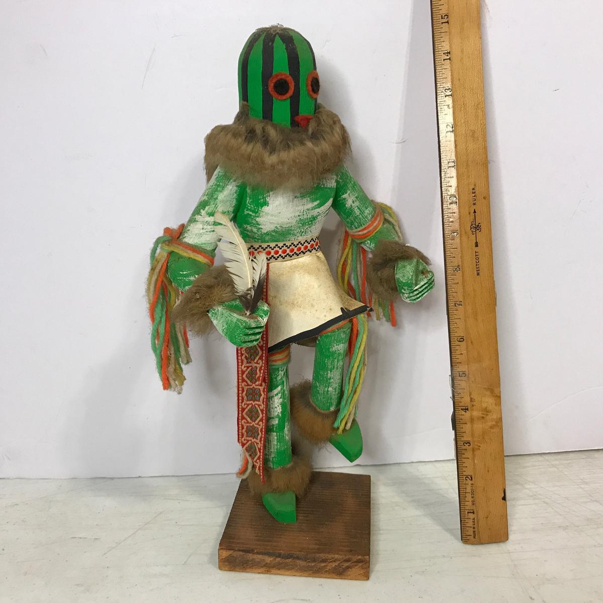 Vintage Wooden Hand Made & Carved Native American Indian Kachina Doll - Signed on Bottom