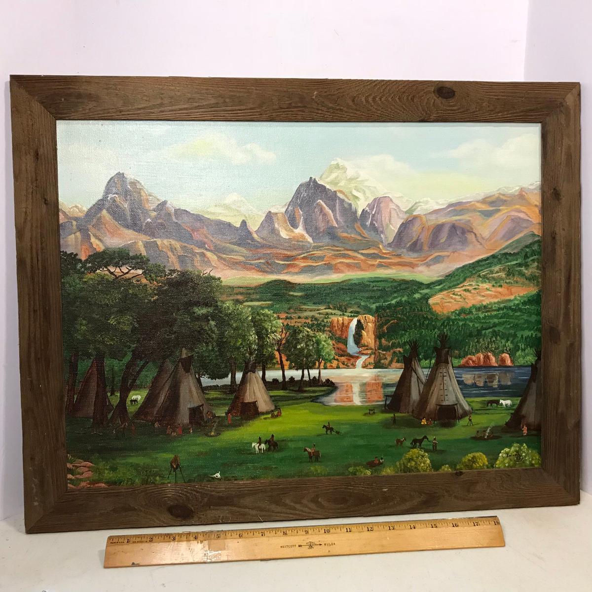 Original Oil on Canvas Signed Brenda Raymond 1982 Framed Indian Village Scene