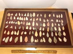 Large Glass & Wood Case Full of Native American Arrow Heads