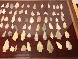 Large Glass & Wood Case Full of Native American Arrow Heads