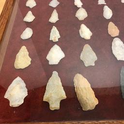 Glass & Wood Case Full of Native American Arrow Heads