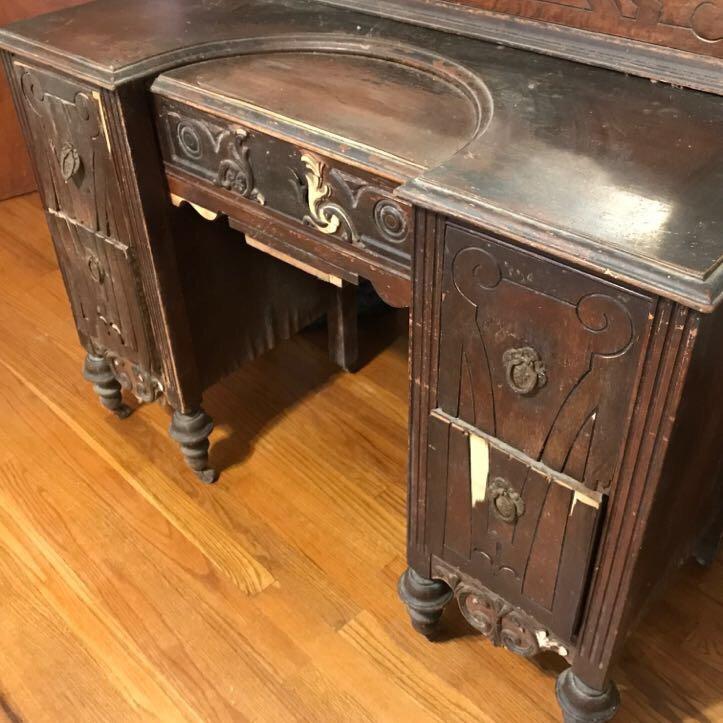 Antique Wooden Vanity with Mirror on Casters with 4 drawers