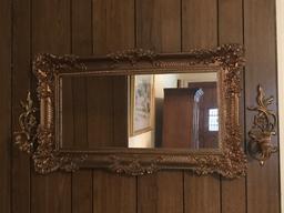 Vintage Rectangular Mirror with Ornate Gold Heavy Plastic Frame & 2 Wall Sconces