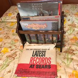 Wooden Magazine Rack Full of Vinyl Record Albums & 45’s