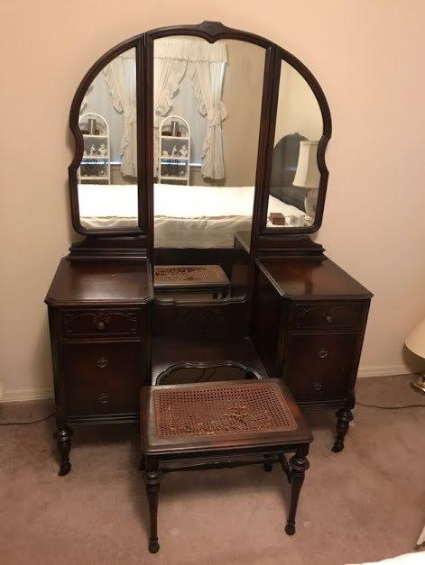 Vintage Vanity on Casters with Hinged 3 Part Mirror, 6 Drawers & Matching Bench