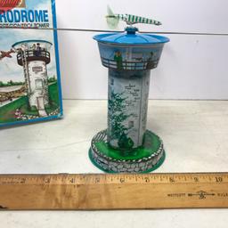 Sculling Aerodrome Airport Control Tower Tin Collector’s Wind-up Toy with Box