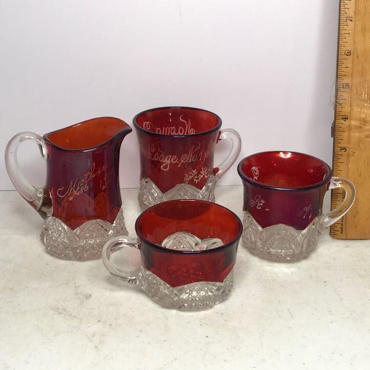 1910-1917 Ruby Red on Clear Souvenir Glass with Ornate Cut Glass Base-Pitcher Reads “Mother 1910”