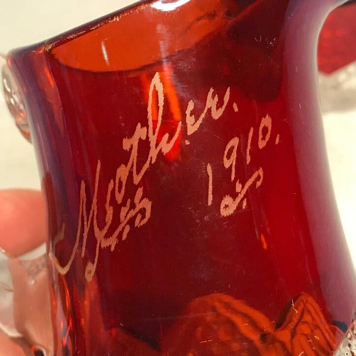 1910-1917 Ruby Red on Clear Souvenir Glass with Ornate Cut Glass Base-Pitcher Reads “Mother 1910”