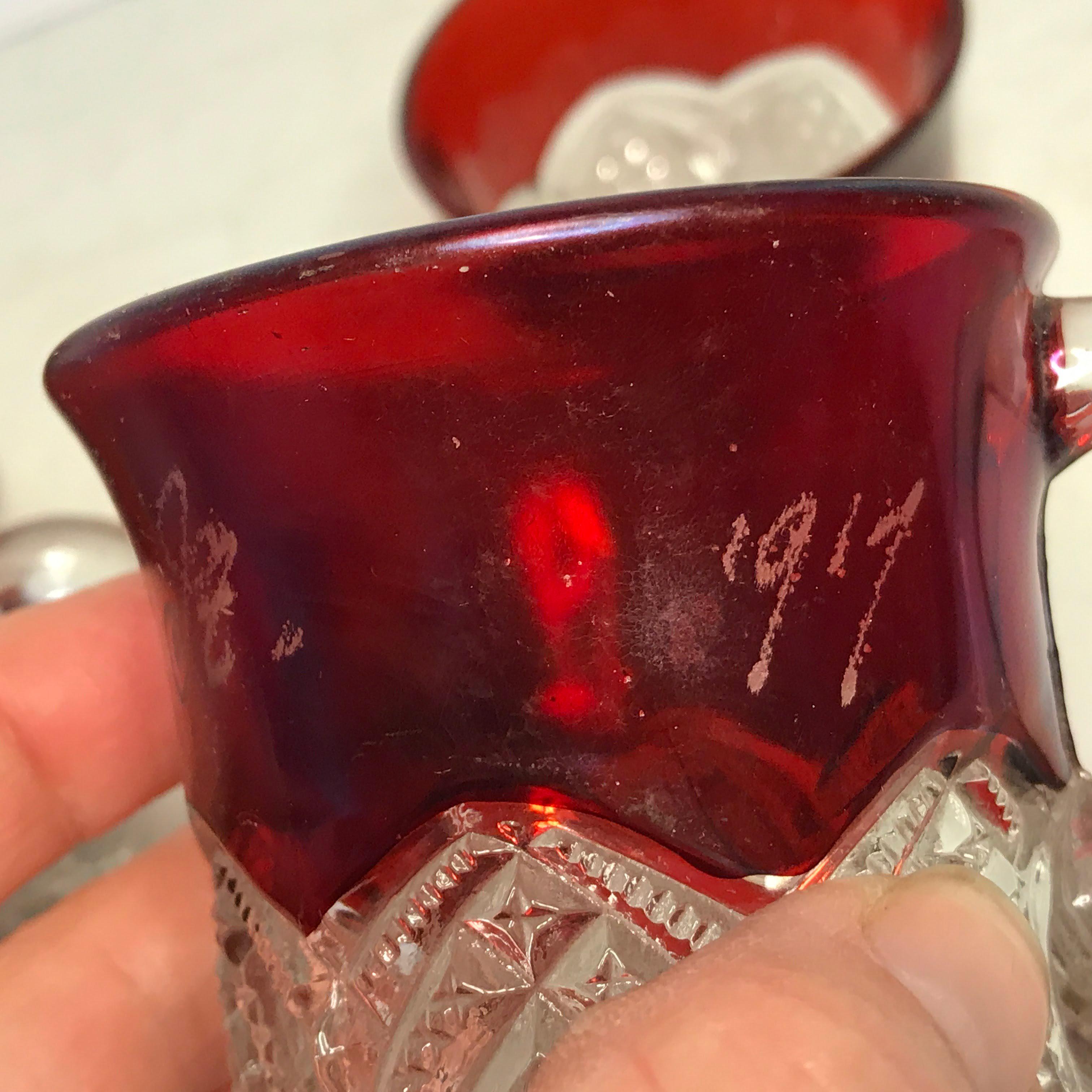 1910-1917 Ruby Red on Clear Souvenir Glass with Ornate Cut Glass Base-Pitcher Reads “Mother 1910”