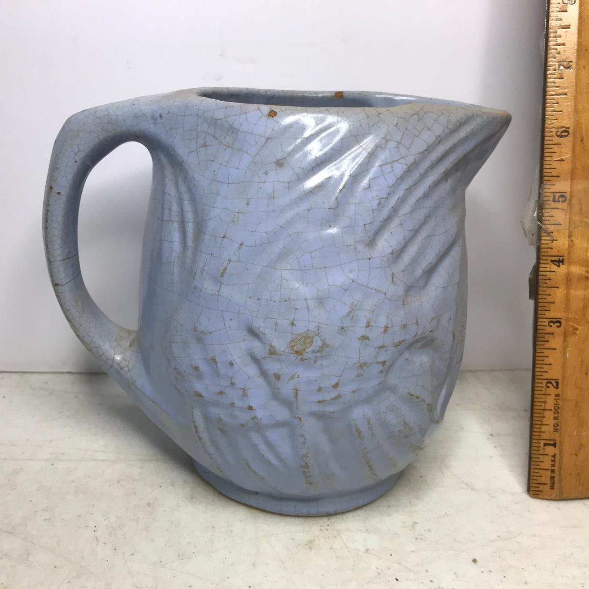 Old Baby Blue Pottery Pitcher with Embossed Fish Design on Sides