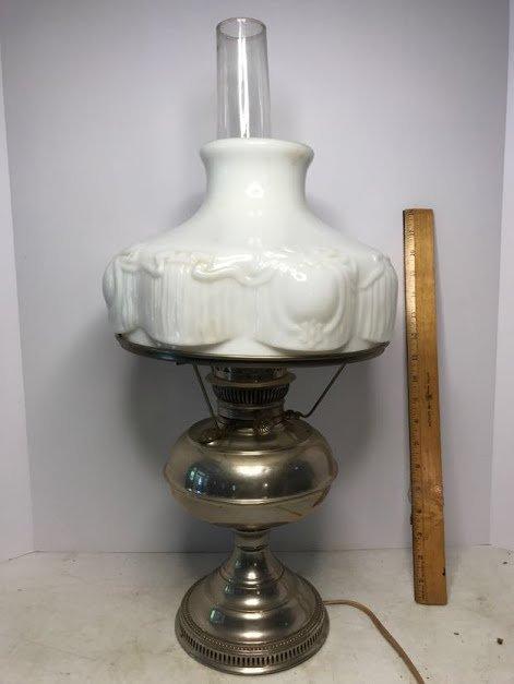 Vintage Silver Plated Oil Lamp Converted Electric with Vintage Milk Glass Shade