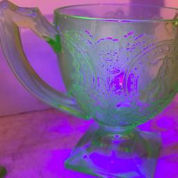 Vintage Vaseline/Uranium Glass Creamer & Double Handled Sugar Bowl