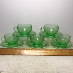 Vintage Set of 5 Vaseline/Uranium Glass Tea Cup & Saucers