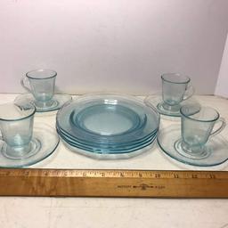 4 Place Setting Vintage Blue Glass Lunch Plates, Tea Cups & Saucers