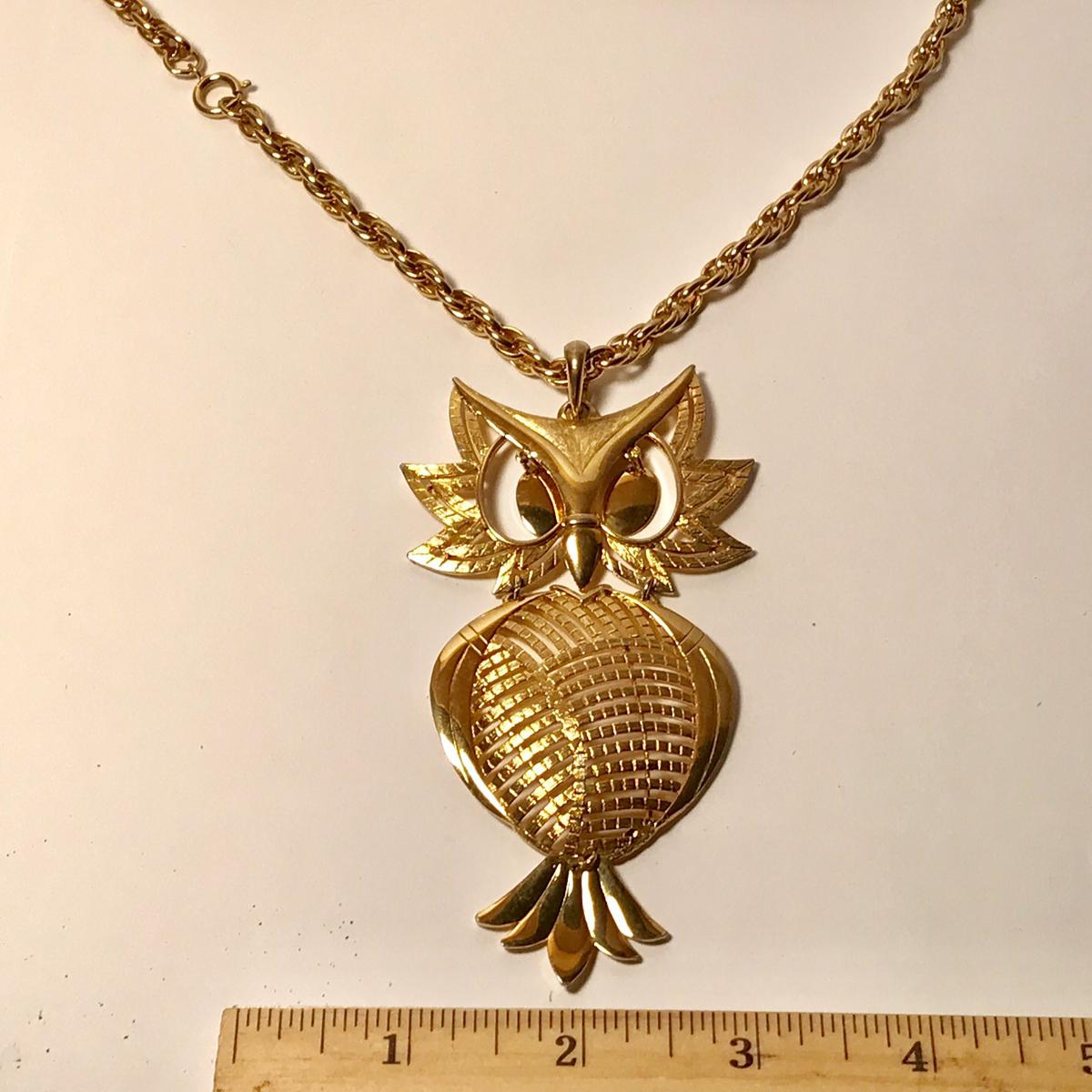 Gold Tone Large Owl Pendant on Gold Tone Chain Signed Alan