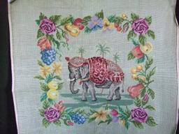 Vintage Preworked Needlepoint. A Majestic Elephant Surrounded by Fruits and Flowers and Palm Trees