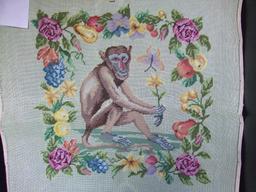 Vintage Preworked Needlepoint. A Monkey Surrounded by Flowers HAND STITCHED in Gros Point