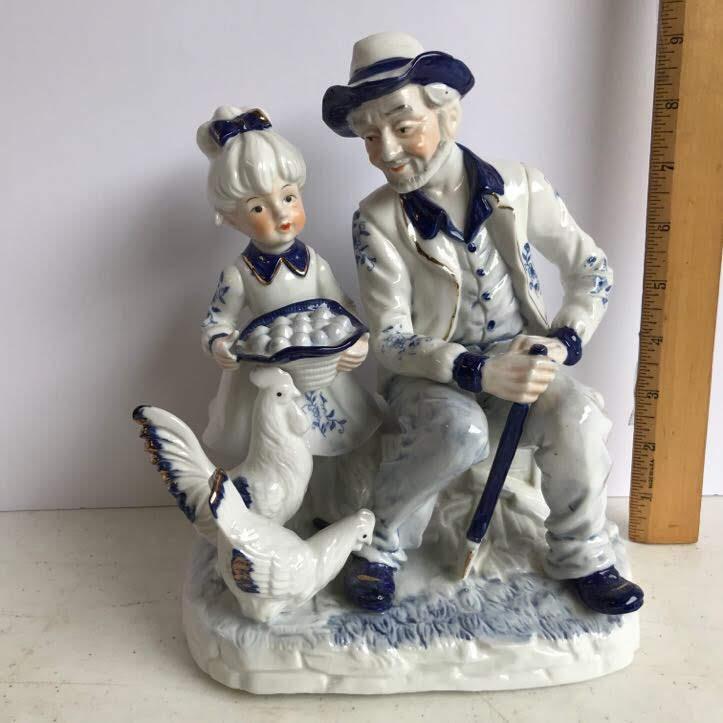 Vintage FEI Porcelain Blue & White Figurine Man with Girl & Chickens