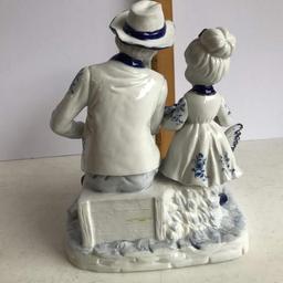 Vintage FEI Porcelain Blue & White Figurine Man with Girl & Chickens