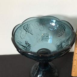 Vintage Blue Pedestal Bowl with Embossed Grape Design