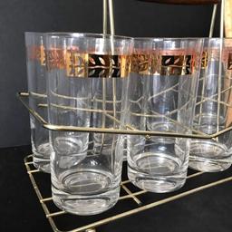 Vintage Caddy with 7 Gold Leaf Topped Tumblers