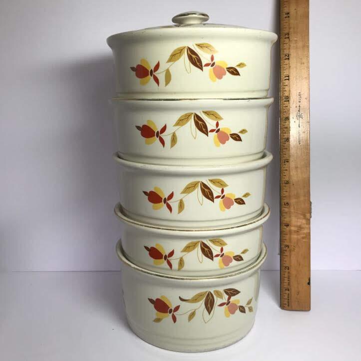 Jewel Tea Autumn Leaf Hall’s Superior Set of 5 round Casserole Bowls with Lid