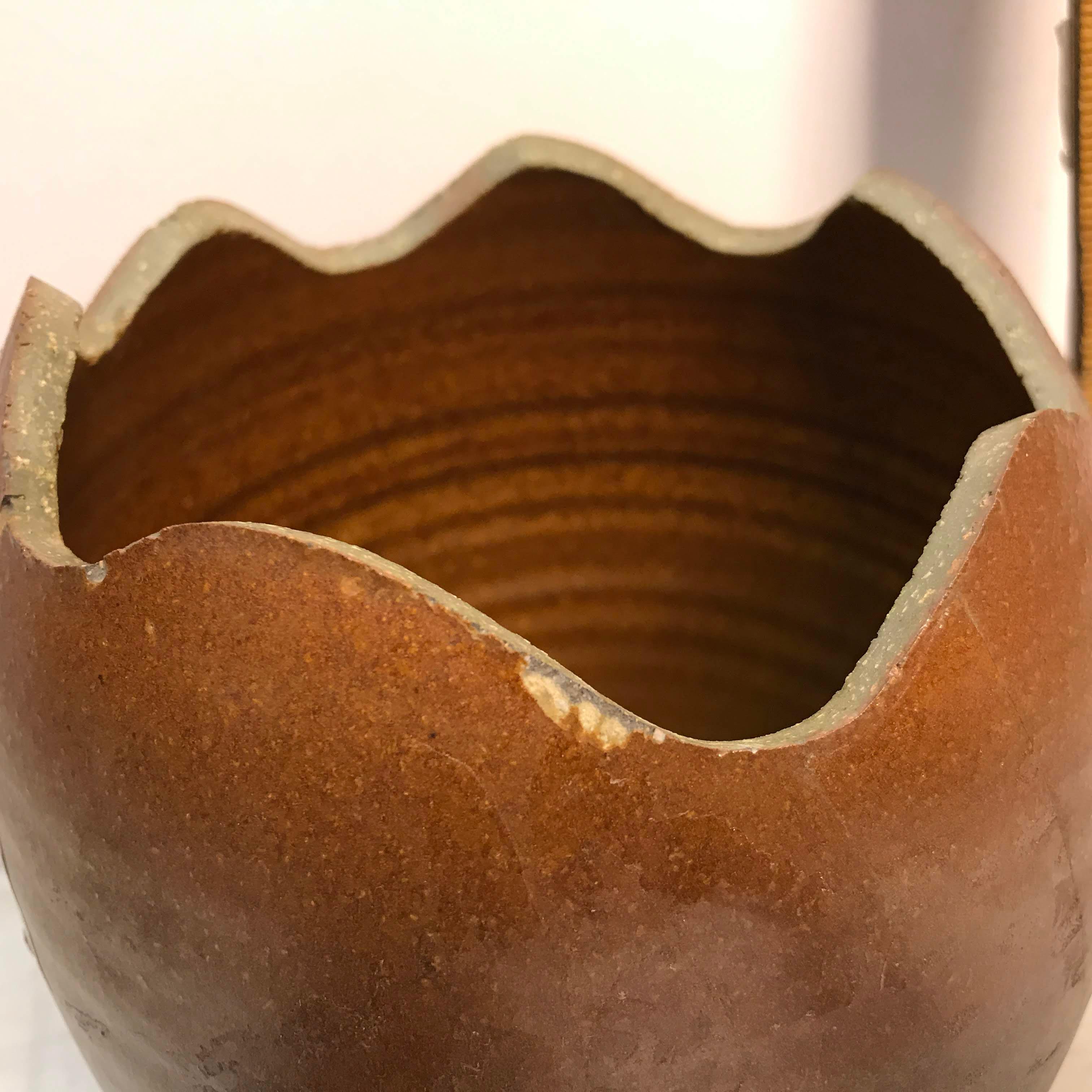Unique Egg Shaped Pottery Jar with Ruffled Edge Lid