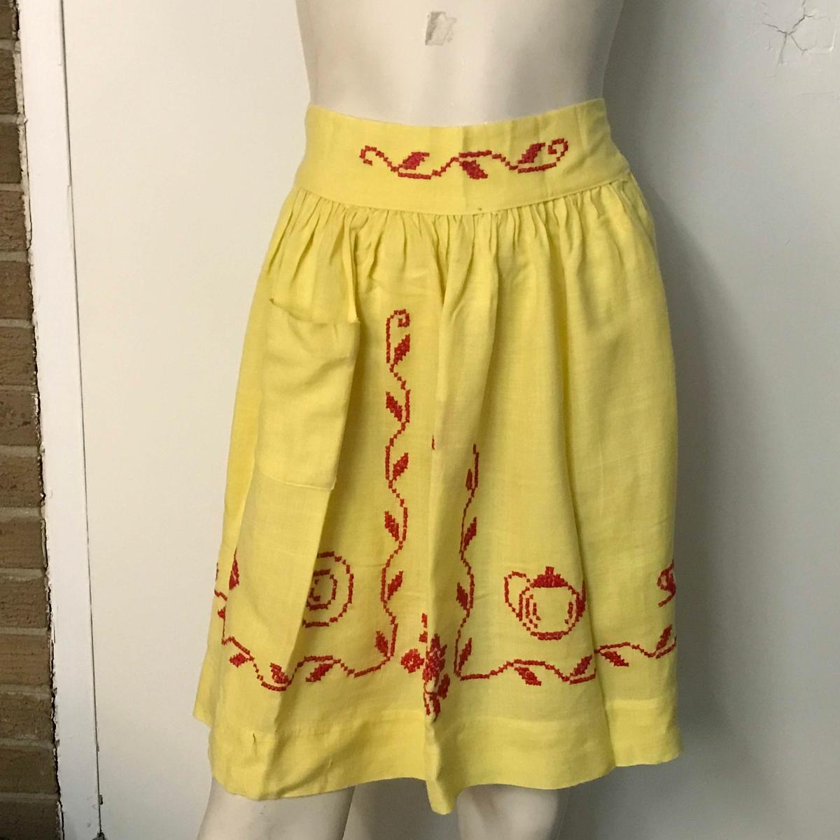 Vintage Yellow Apron with Red Embroidery & One Pocket