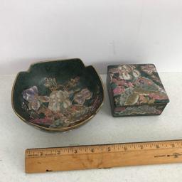 Oriental Porcelain Floral Bowl with Gilt Edging & Matching Trinket Box