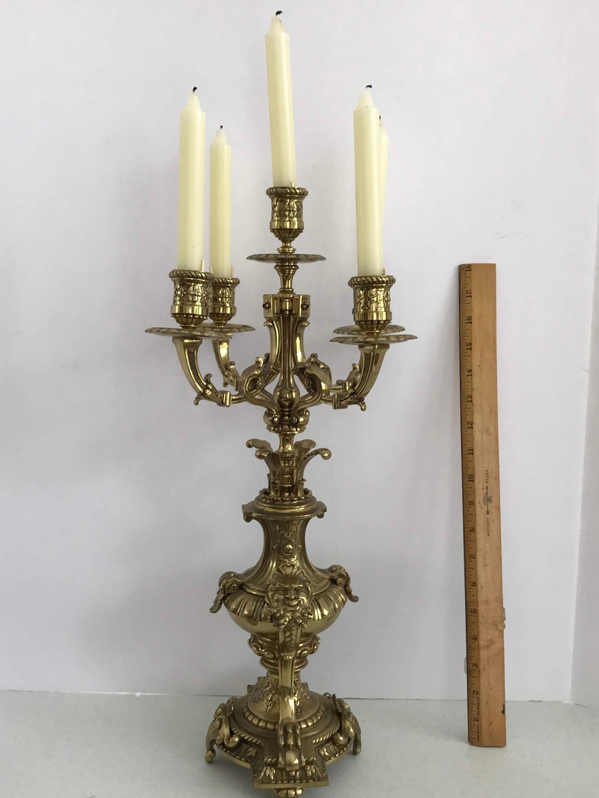 Amazing Vintage Heavy Brass 5 Candle Candelabra with Claw Feet & Face