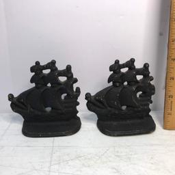 Pair of Vintage Black Painted Brass Ship Book Ends Marked “501”