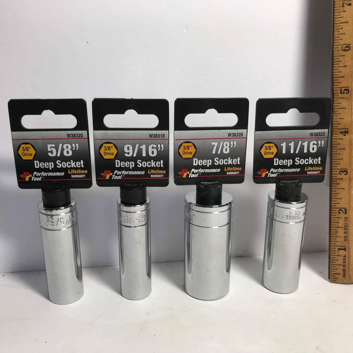 Lot of 4 - 3/8” Drive Deep Sockets - 5/8”, 9/16”, 7/8”, 11/16”