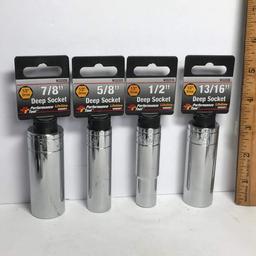 Lot of 4 - 1/2” Drive Deep Sockets - 7/8”, 5/8”, 1/2”, 13/16”