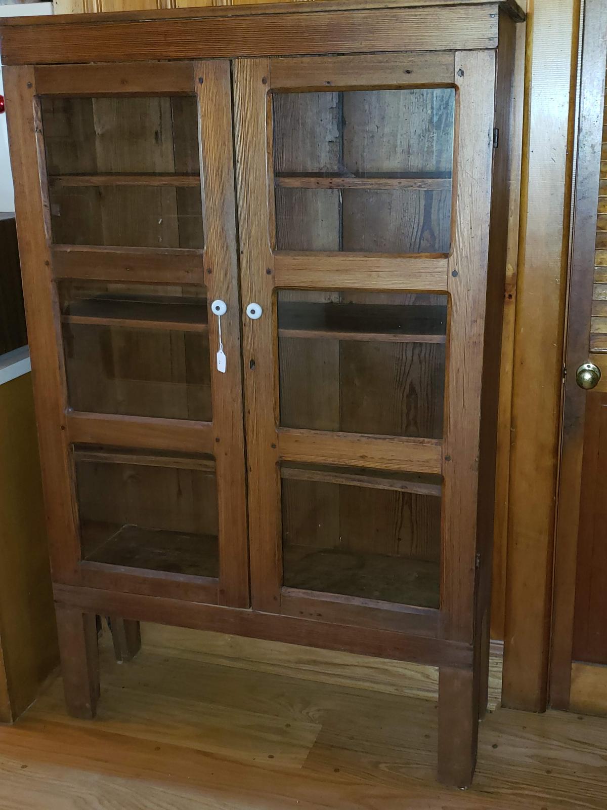 Oak pie safe with Porcelain Pulls on Glass Panel Doors