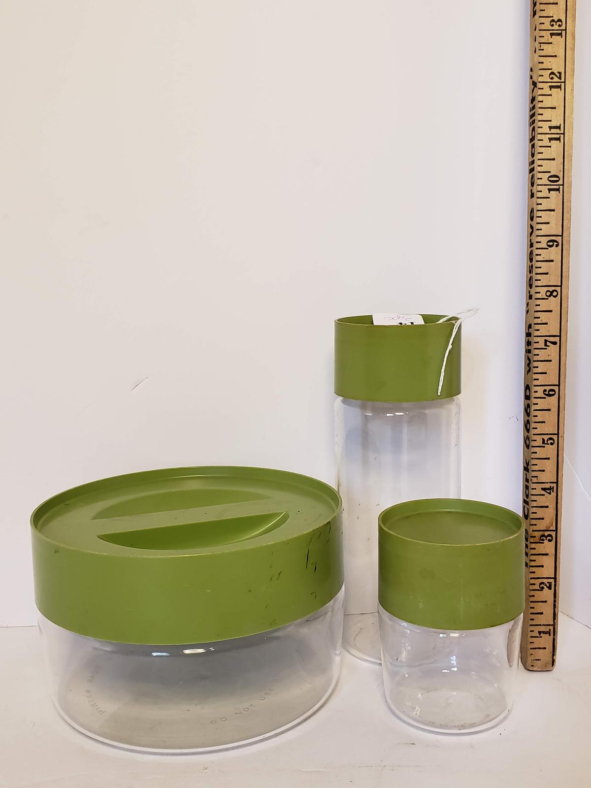 3 Pc. Vintage Pyrex Glass Canister Set with Green Plastic Lids