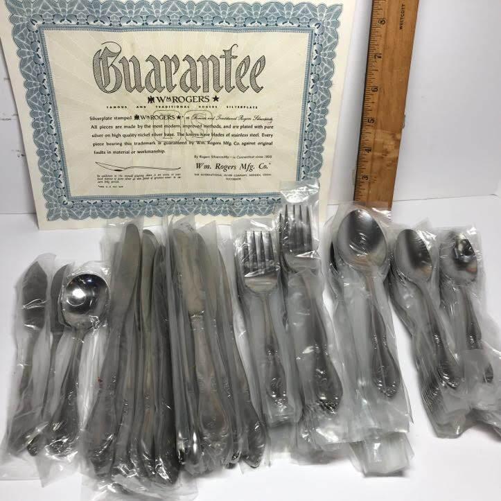 100 pc Vintage Wm Rogers Silver Plate Stamped Flatware - Never Used! Still in Plastic Sleeves