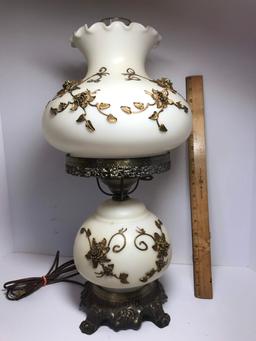 Gorgeous “Gone with The Wind” Style Lamp with Gilt Appliqué Flowers & Bronze Finish Base