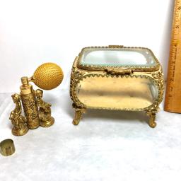 Impressive Vintage Gilt & Glass Jewelry Box with Tufted Base & Gilt Cherub Perfume Bottle