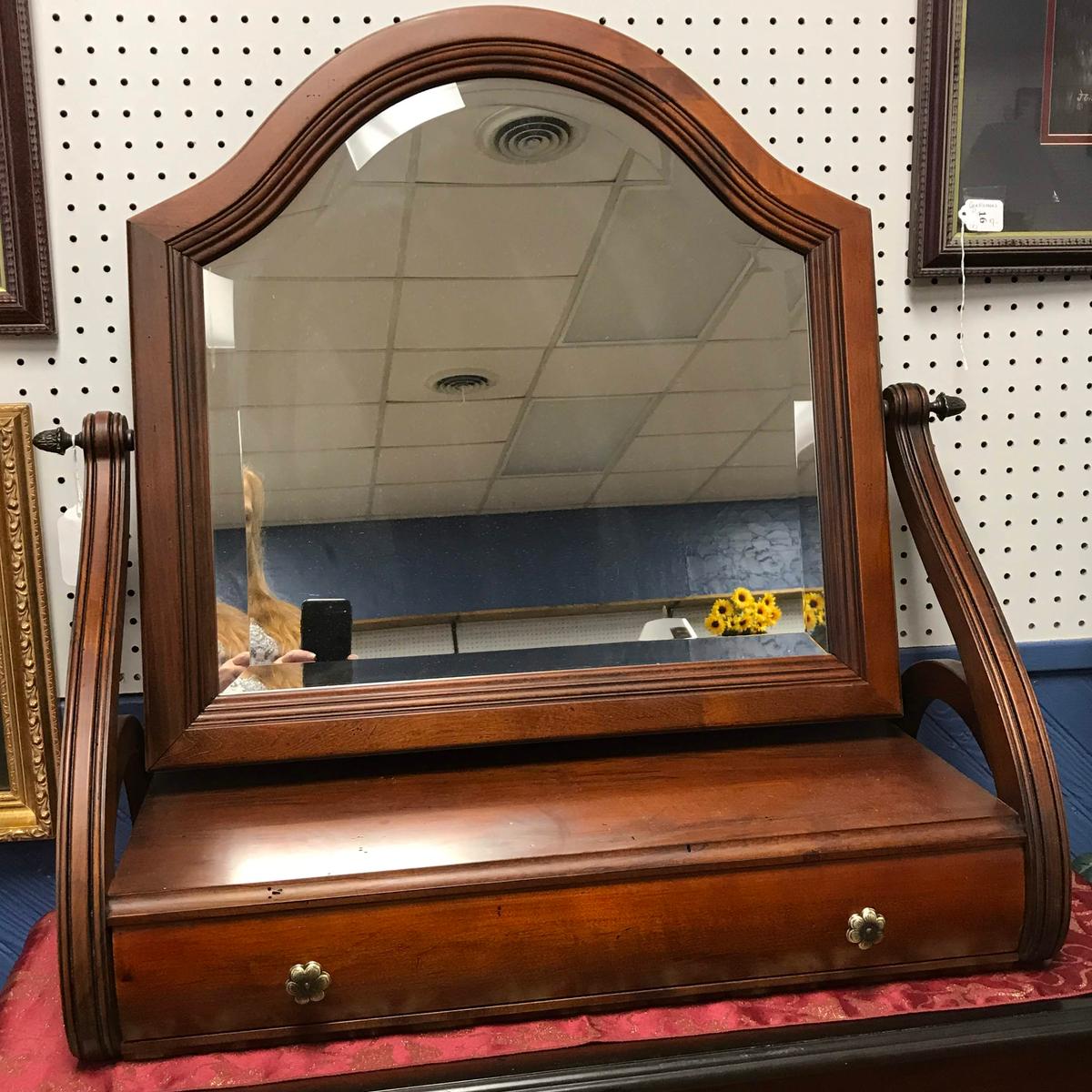 Large Ethan Allen Wooden Shaving Mirror with Single Drawer