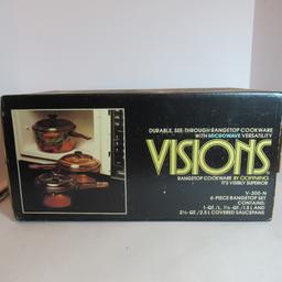 New Unopened Corning "Visions" 6pc Cookware Set  Rangetop Glass