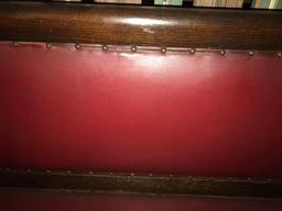 Vintage Heavy Wooden Bench with Leather Upholstery & Decorative Brass Brads