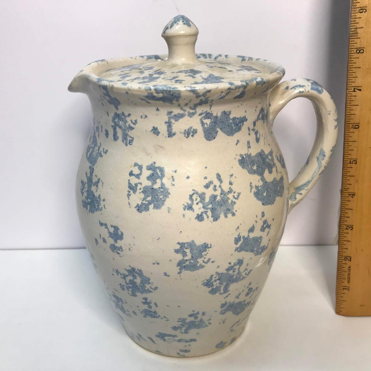 Evan’s Pottery Arden NC Blue Sponge Pitcher with Lid Signed on Bottom 9” tall