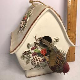 Pretty Ceramic Bird House with Embossed Pine Cones & Bird